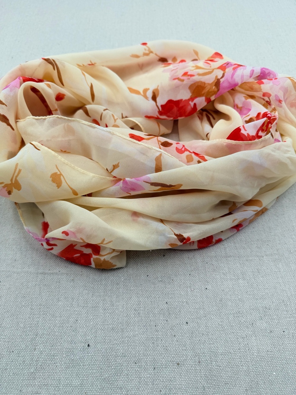 Lightweight Floral Chiffon Scarf - Cream with Pink & Red Blooms